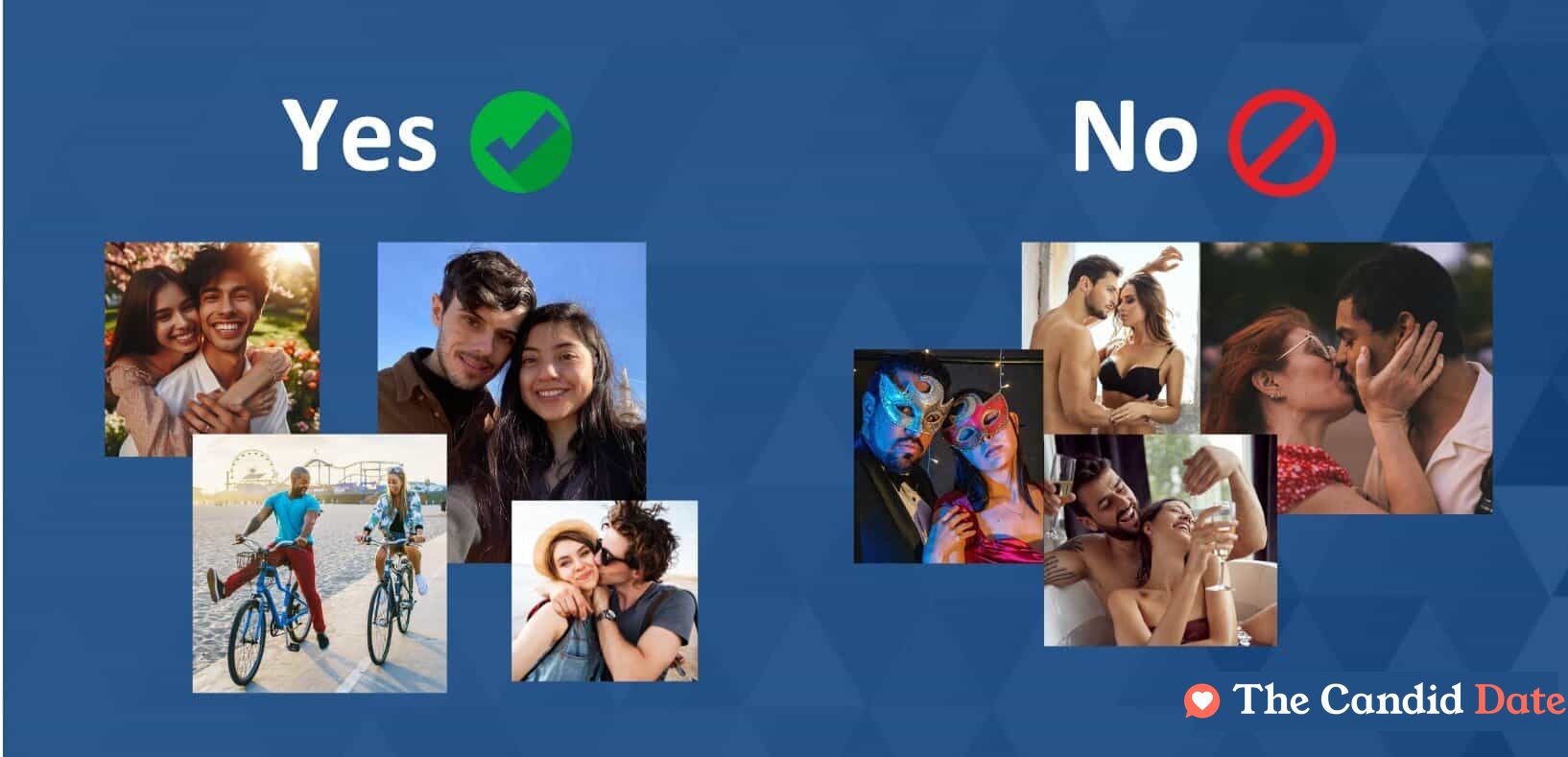 Good profile photos show couples smiling and doing platonic activities. Bad couple photos show them kissing and being kinky.