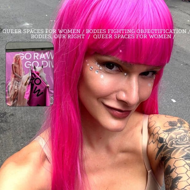 Screenshot of RAW spokesperson wearing a bright pink wig with the words 'Queer spaces for women' on the photo