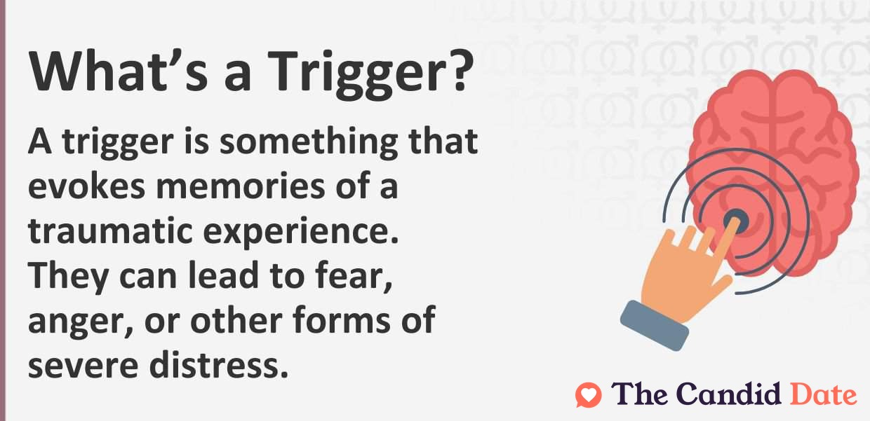 A trigger is something that evokes memories of a traumatic experience. They can lead to fear, anger, or other forms of severe distress.