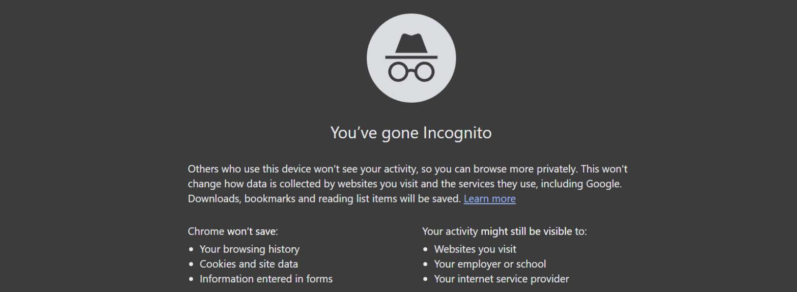 Screenshot of incognito window