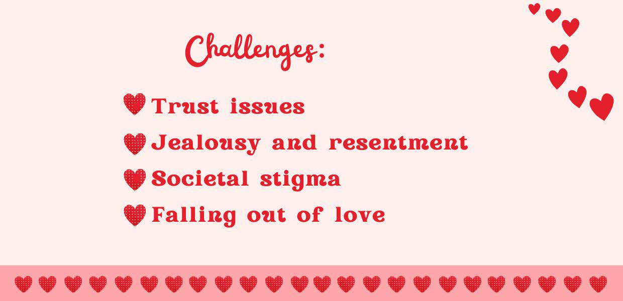 Challenges include trust issues, jealousy, and social stigma