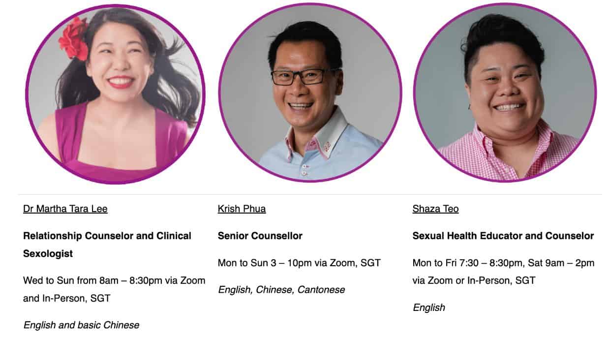 Eros counselors and educators Dr. Martha Tara Lee, Krish Phua, Shaza Teo