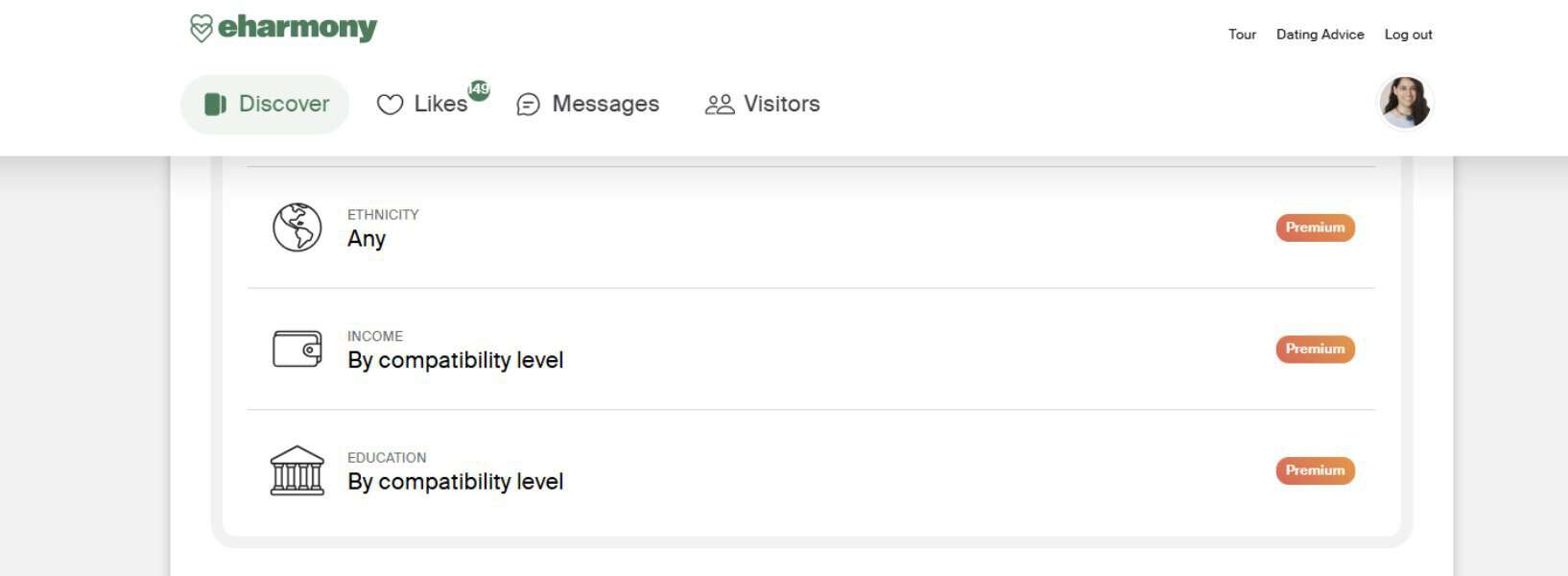 eharmony search filters