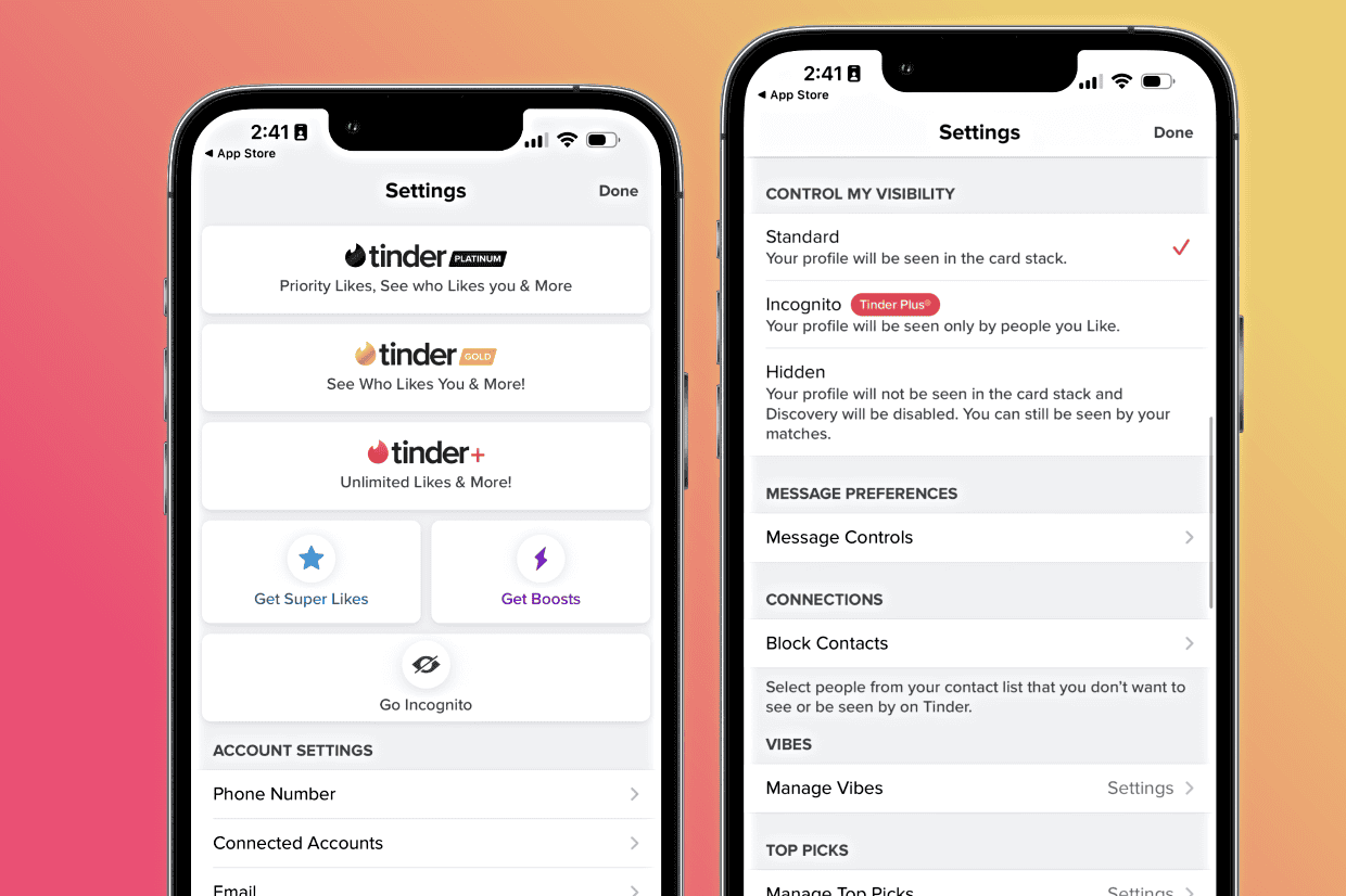 Screenshot of Tinder incognito mode settings