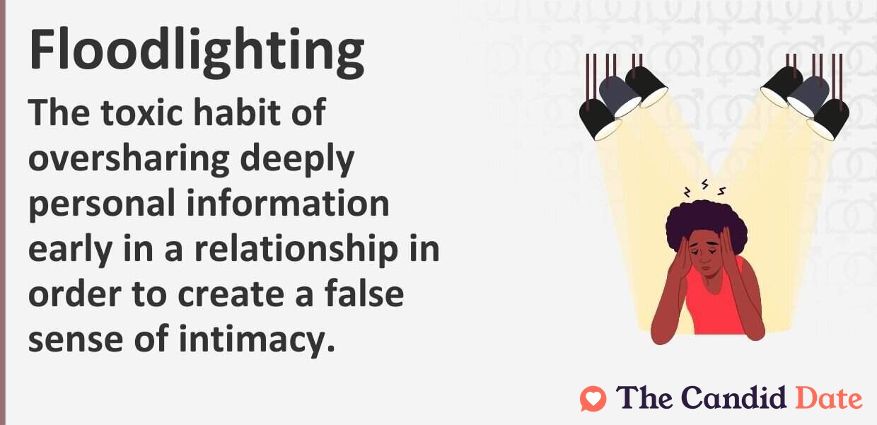 The toxic habit of oversharing deeply personal information early in a relationship in order to create a false sense of intimacy.