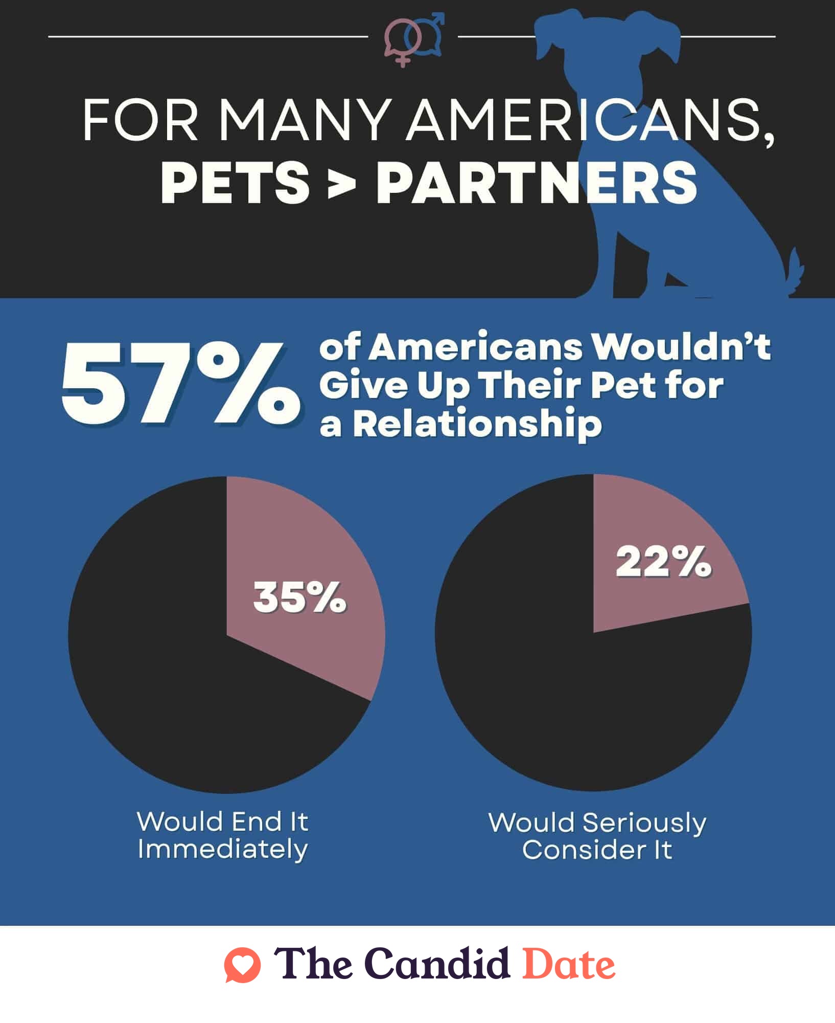 Two pie charts showing the percentage of Americans who would or wouldn't give up their pet for a relationship on a blue blackground, white text