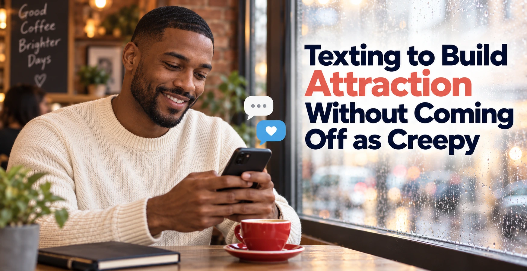 A smiling man texting beside a rainy cafe window, with chat bubbles and a headline about building attraction