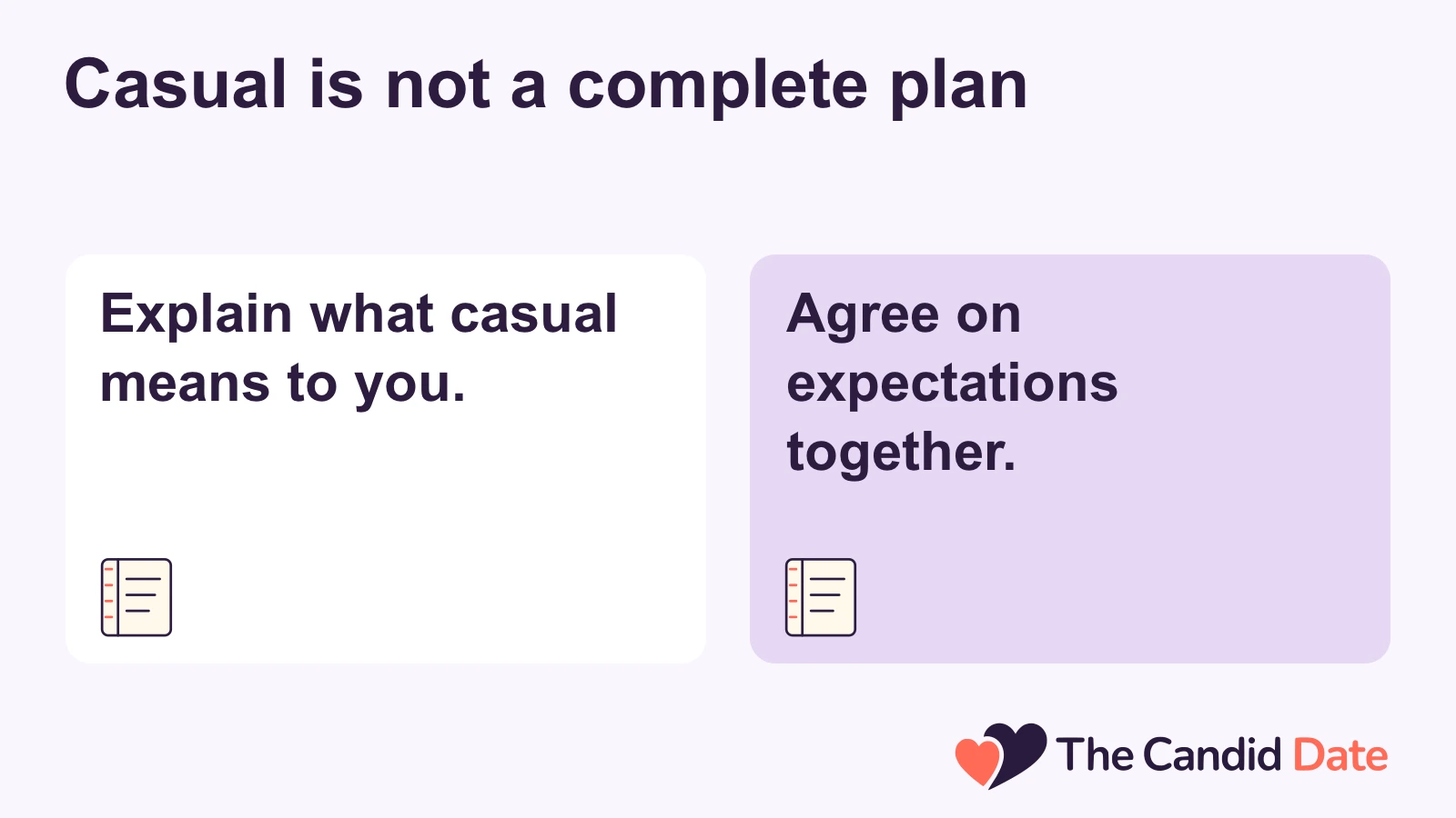 Casual is not a complete plan: Explain what casual means to you. Agree on expectations together. The Candid Date editorial infographic.