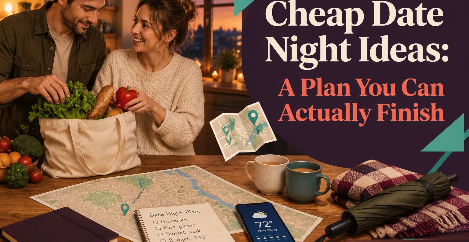 Cheap Date Night Ideas: A Plan You Can Actually Finish. Illustrated editorial cover, not a member profile.