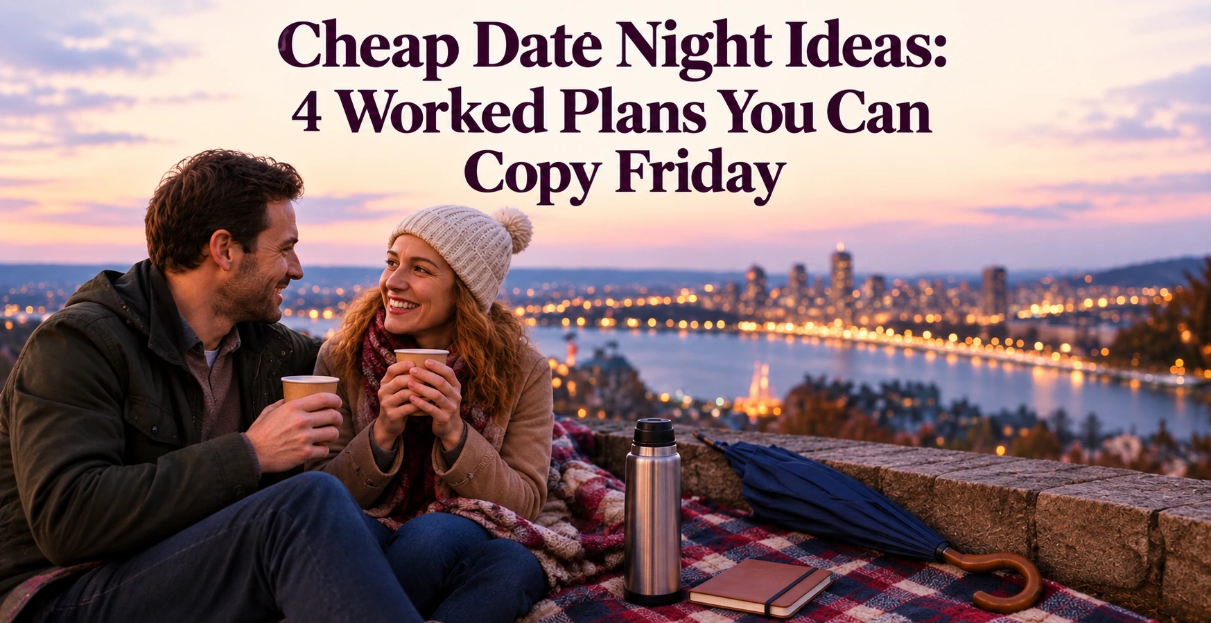 Smiling couple sits on a plaid blanket at a stone overlook, holding cups near a thermos, umbrella and notebook, with dusk city lights and a river behind.