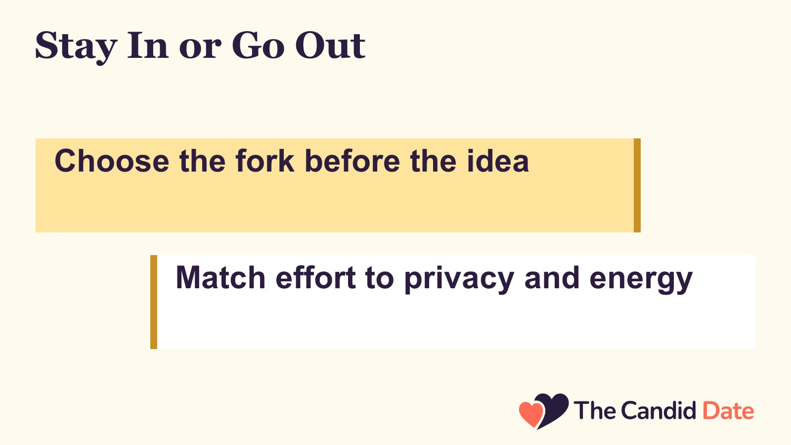 Stay In or Go Out: Choose the fork before the idea Match effort to privacy and energy The Candid Date editorial infographic.