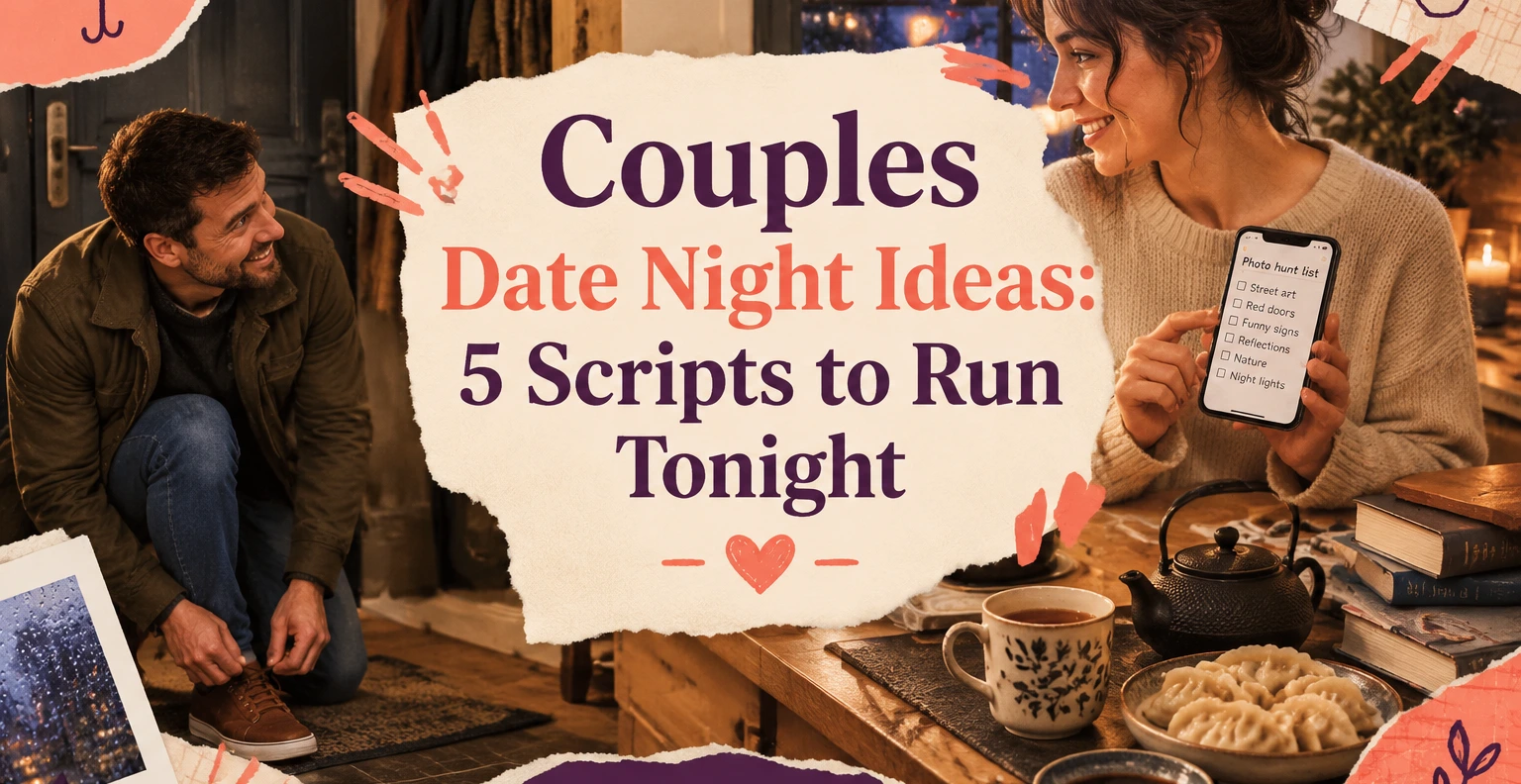Illustrated collage of a smiling couple in a cozy candlelit room; the man kneels tying his shoe while the woman holds a phone showing a checklist, beside a tea set and dumplings.