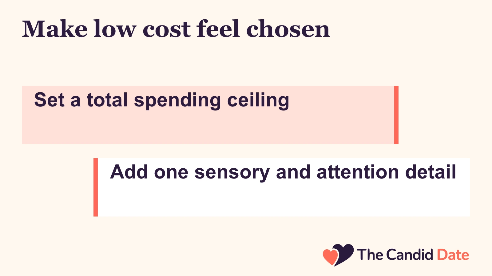 Make low cost feel chosen: Set a total spending ceiling Add one sensory and attention detail The Candid Date editorial infographic.