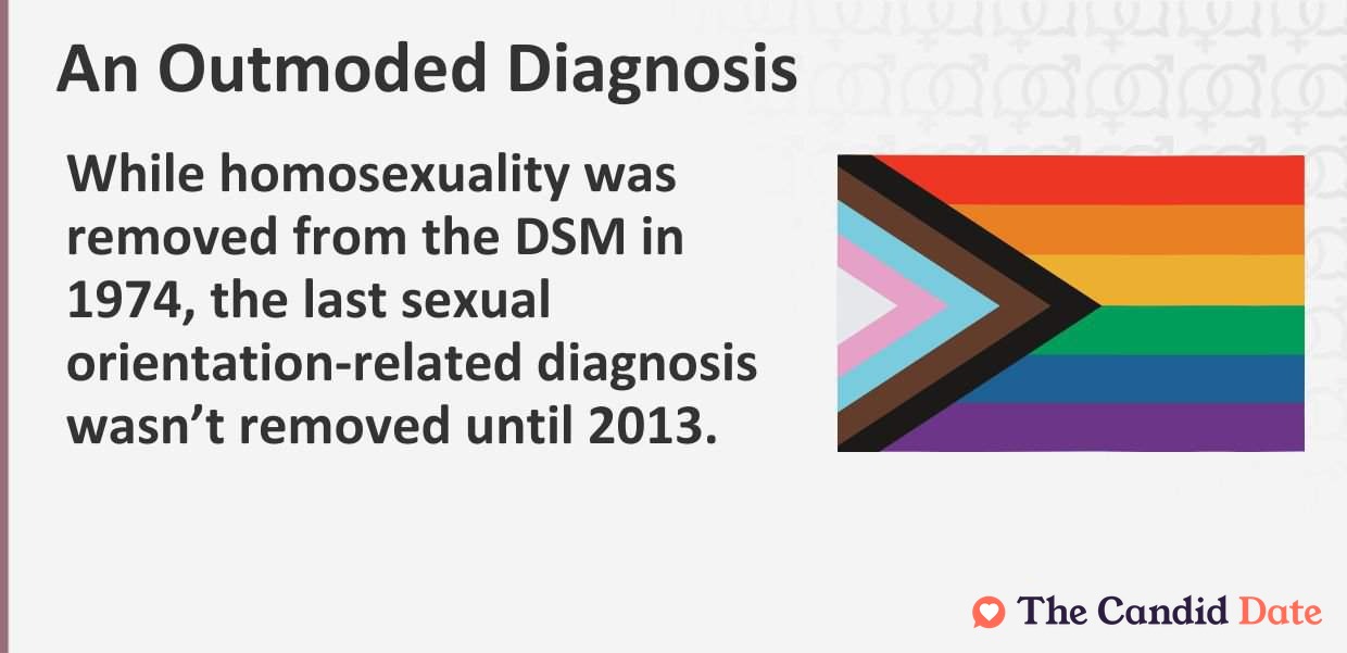 While homosexuality was removed from the DSM in 1974, the last sexual orientation-related diagnosis wasn’t removed until 2013.