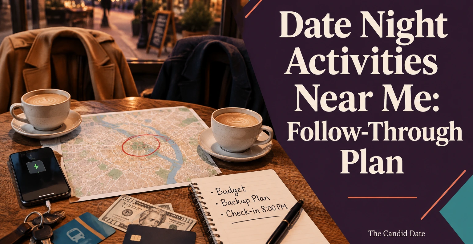 Date Night Activities Near Me: Follow-Through Plan. Illustrated editorial cover, not a member profile.