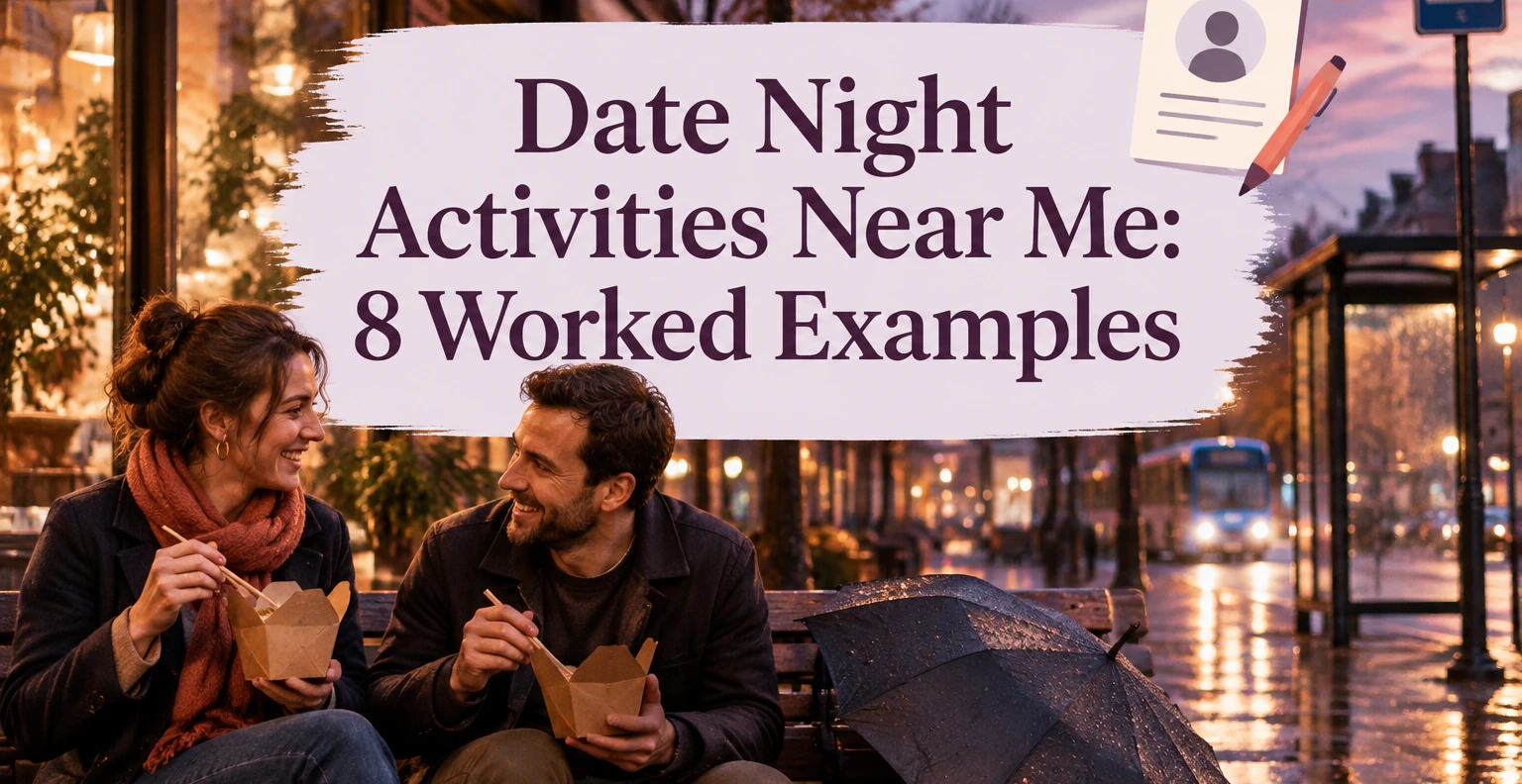 Date Night Activities Near Me: 8 Worked Examples. Illustrated editorial cover, not a member profile.