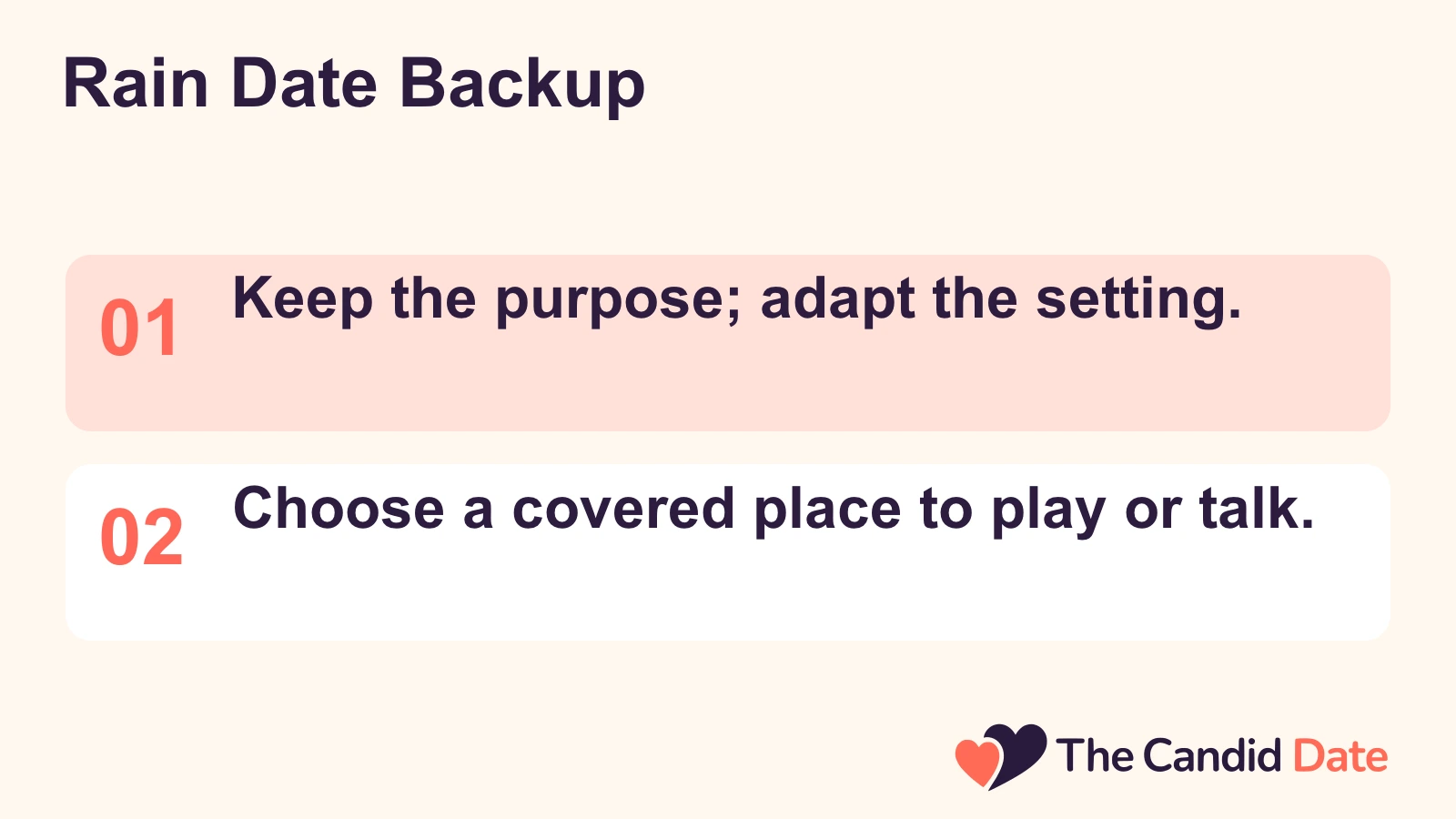 Rain Date Backup: Keep the purpose; adapt the setting. Choose a covered place to play or talk. The Candid Date editorial infographic.