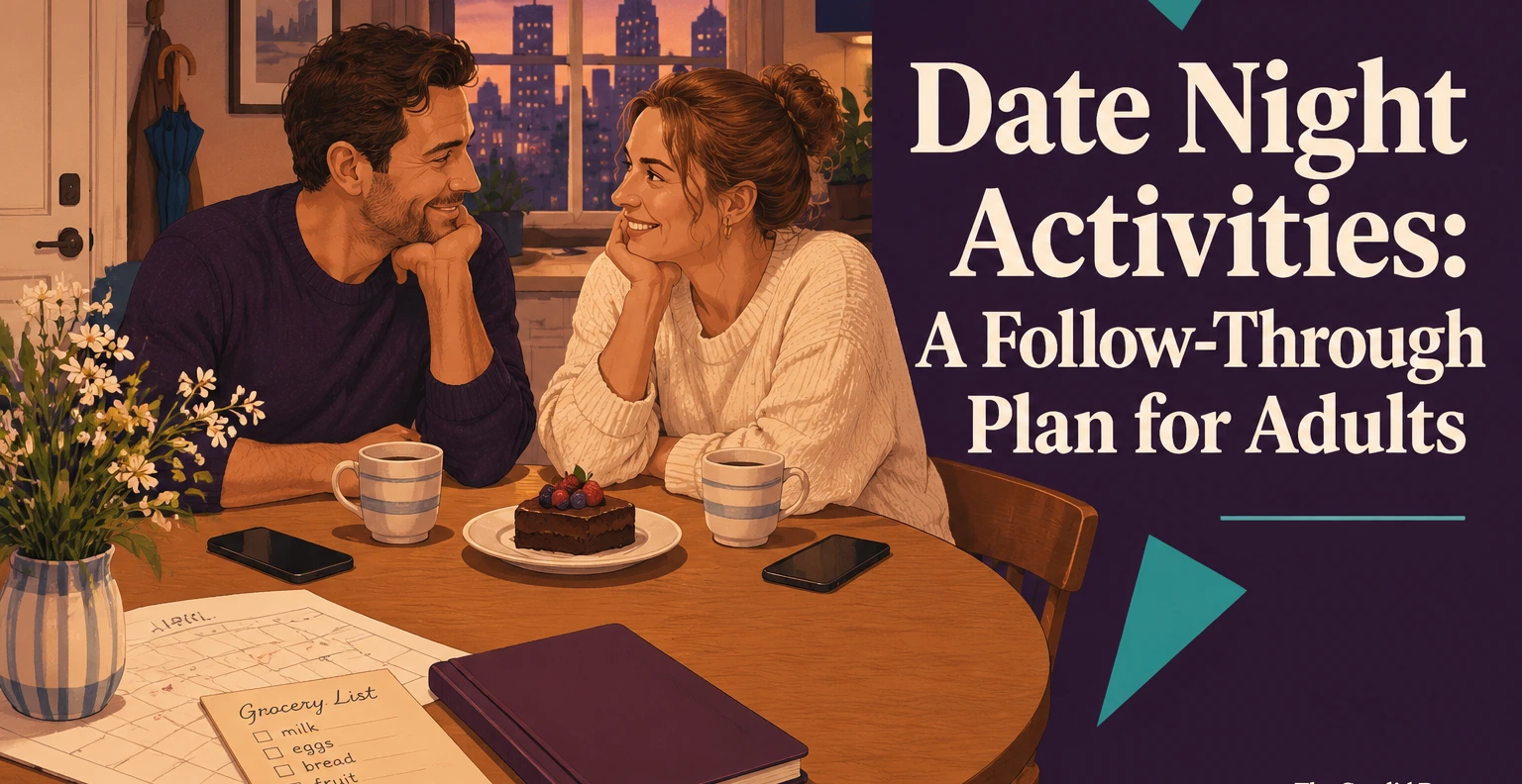 Illustrated couple smiles across a cozy kitchen table at dusk, with mugs, berry-topped cake, phones, flowers, grocery list and city skyline beyond the window.