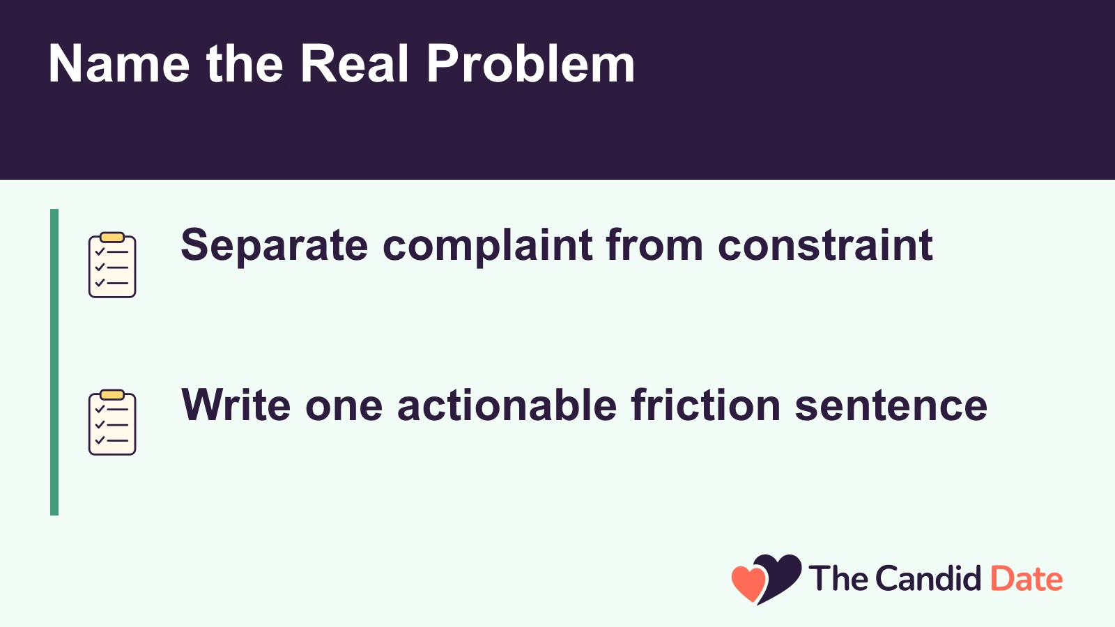 Name the Real Problem: Separate complaint from constraint Write one actionable friction sentence The Candid Date editorial infographic.