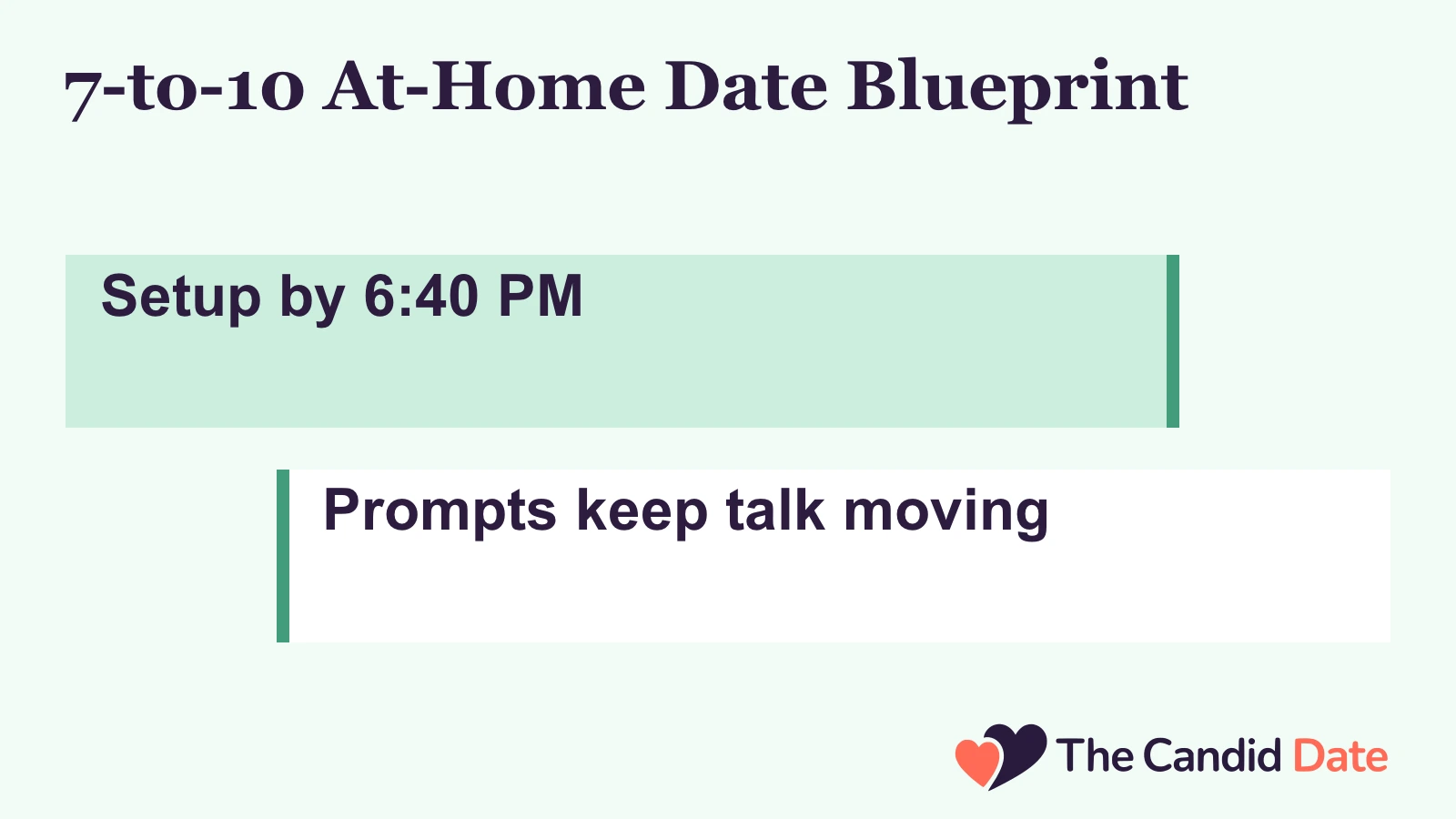 7-to-10 At-Home Date Blueprint: Setup by 6:40 PM Prompts keep talk moving The Candid Date editorial infographic.