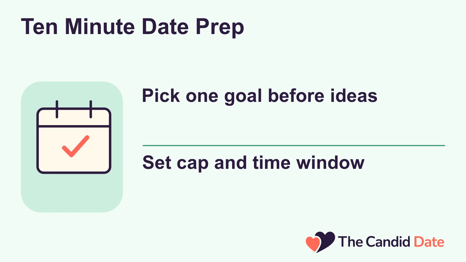 Ten Minute Date Prep: Pick one goal before ideas Set cap and time window The Candid Date editorial infographic.