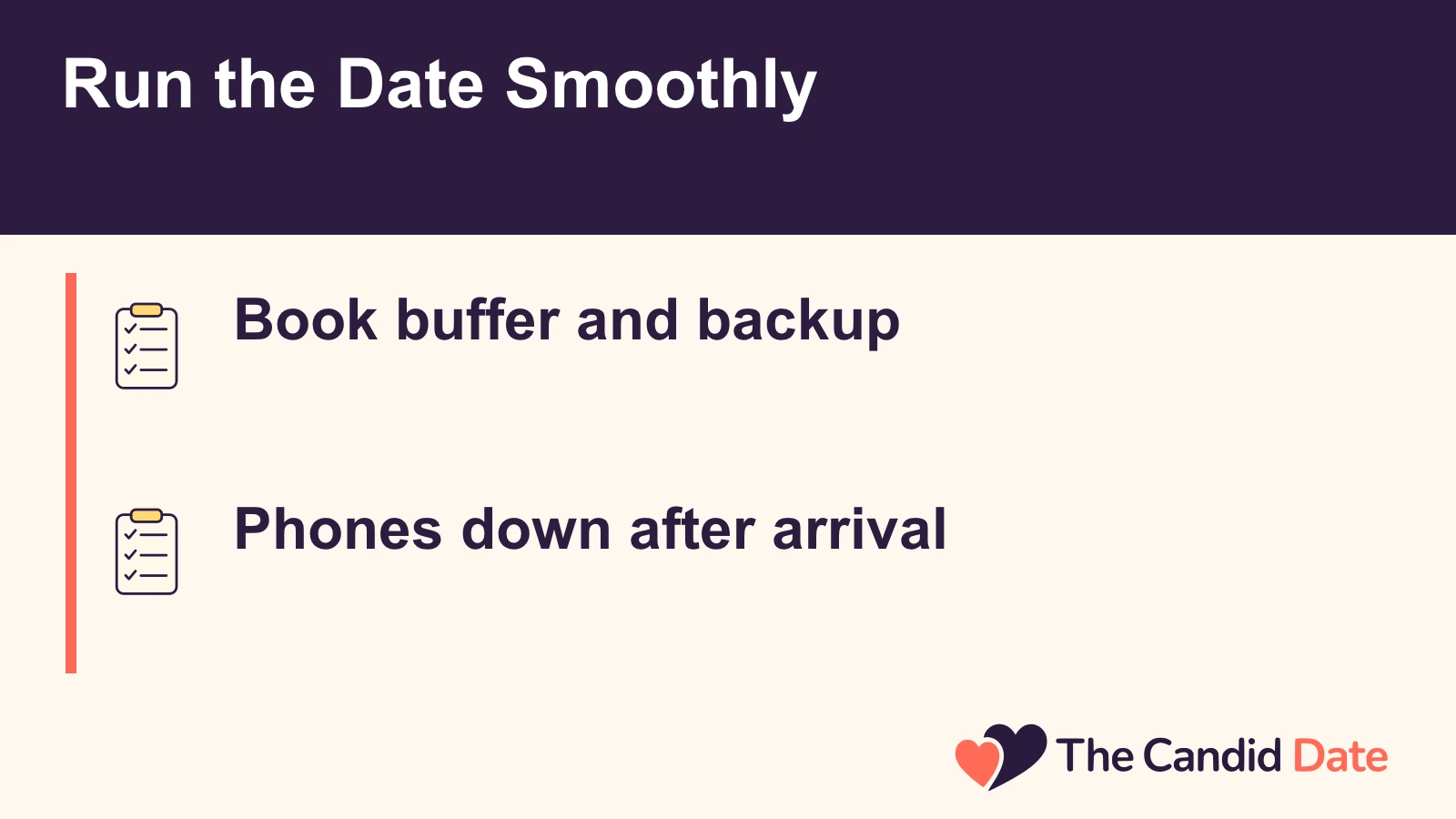 Run the Date Smoothly: Book buffer and backup Phones down after arrival The Candid Date editorial infographic.