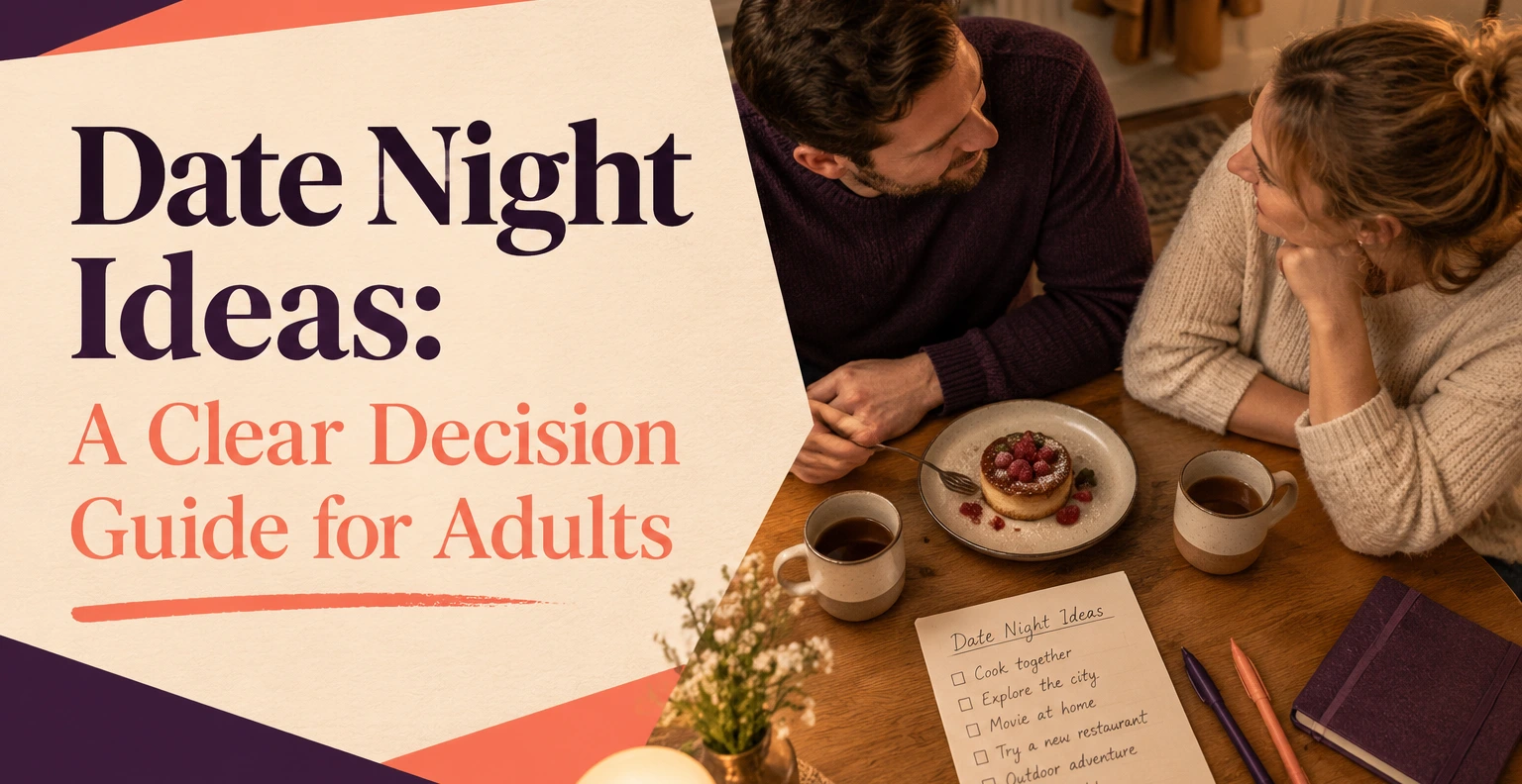 Date Night Ideas: A Clear Decision Guide for Adults. Illustrated editorial cover, not a member profile.