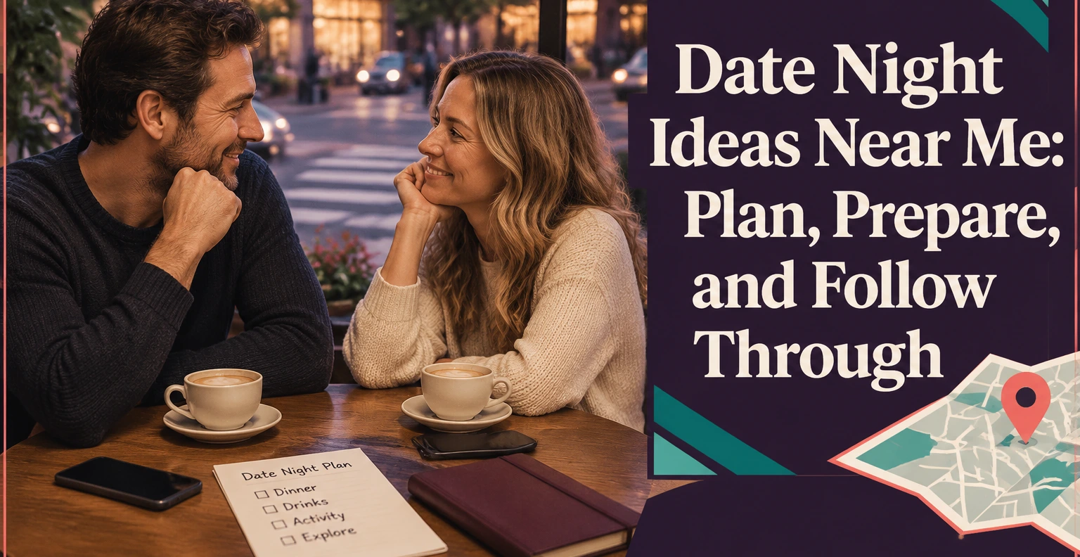 Date Night Ideas Near Me: Plan, Prepare, and Follow Through. Illustrated editorial cover, not a member profile.
