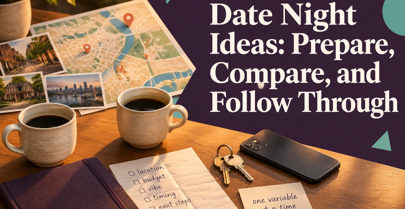 Date Night Ideas: Prepare, Compare, and Follow Through. Illustrated editorial cover, not a member profile.