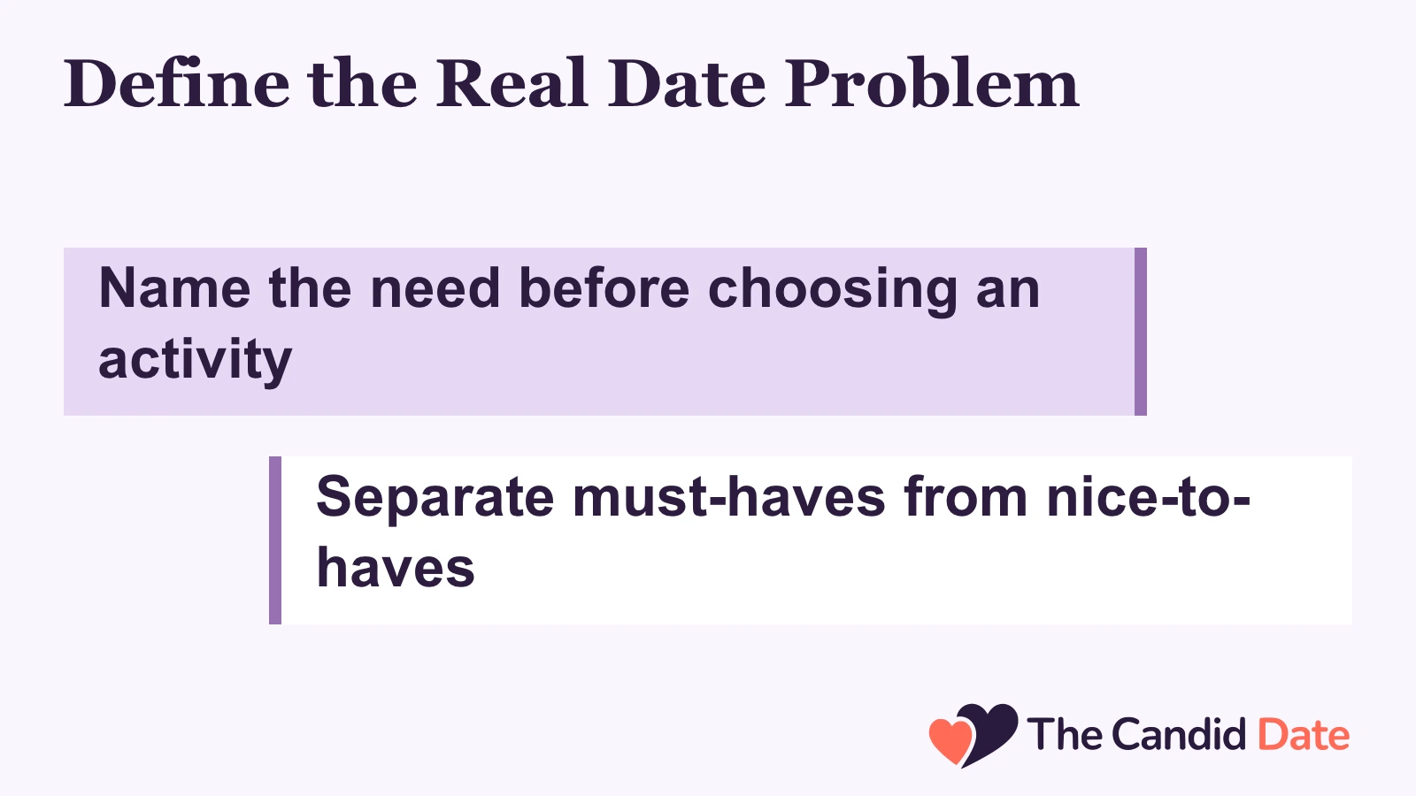 Define the Real Date Problem: Name the need before choosing an activity Separate must-haves from nice-to-haves The Candid Date editorial infographic.