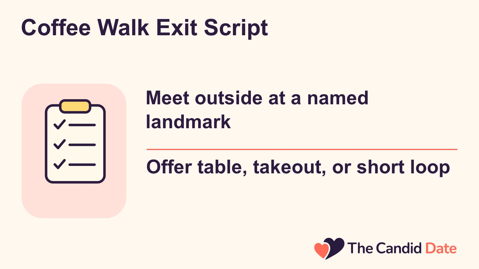 Coffee Walk Exit Script: Meet outside at a named landmark Offer table, takeout, or short loop The Candid Date editorial infographic.