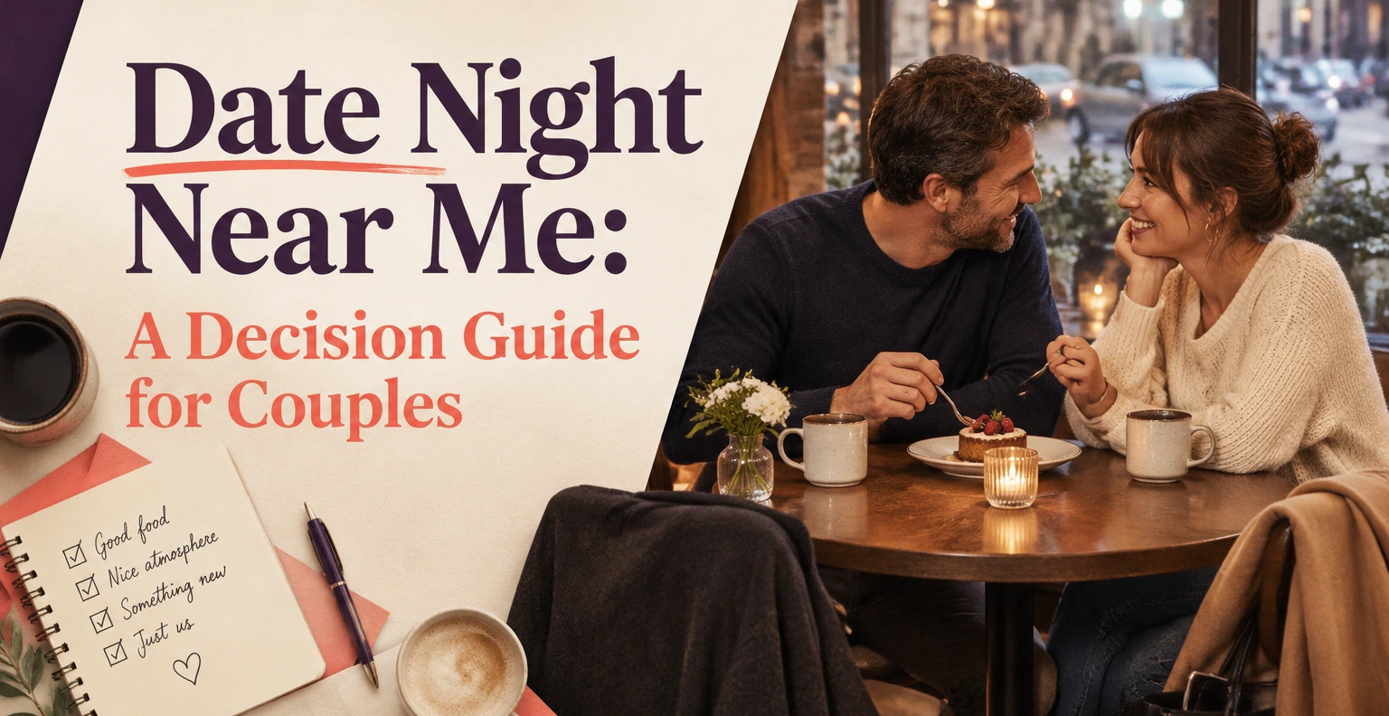 Date Night Near Me: A Decision Guide for Couples. Illustrated editorial cover, not a member profile.