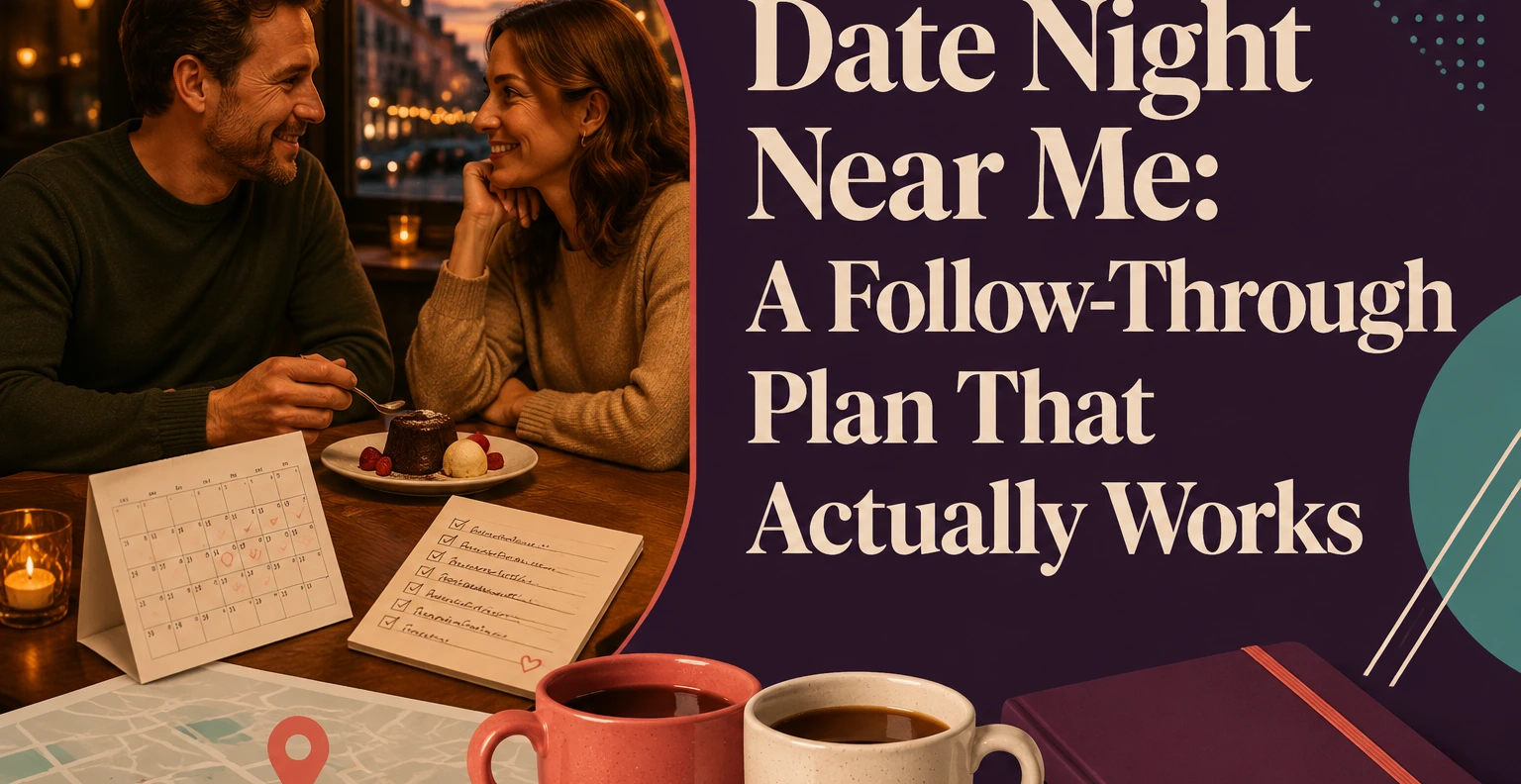 Date Night Near Me: A Follow-Through Plan That Actually Works. Illustrated editorial cover, not a member profile.