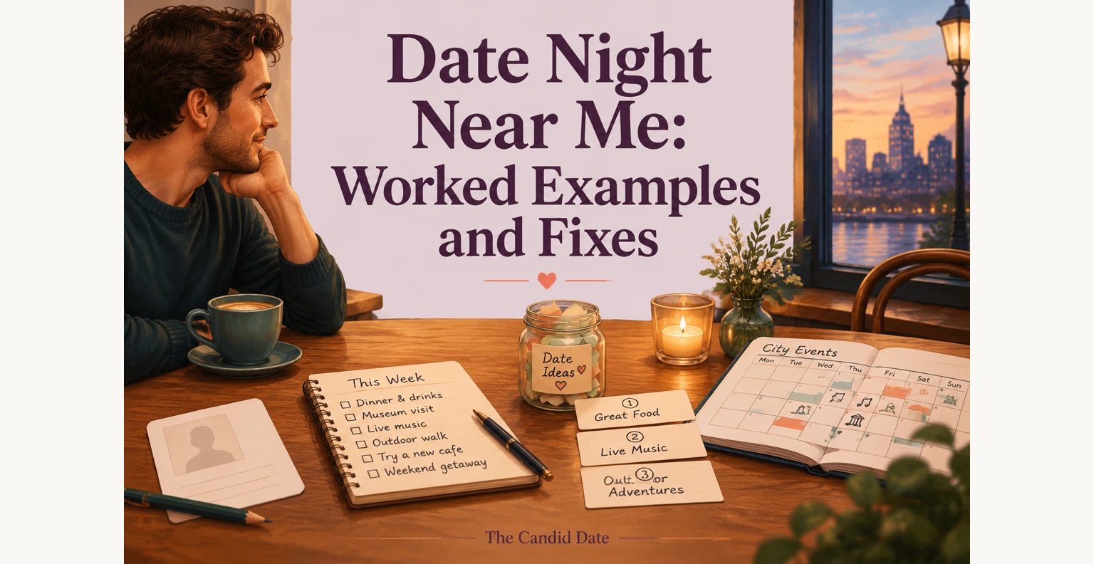 Date Night Near Me: Worked Examples and Fixes. Illustrated editorial cover, not a member profile.