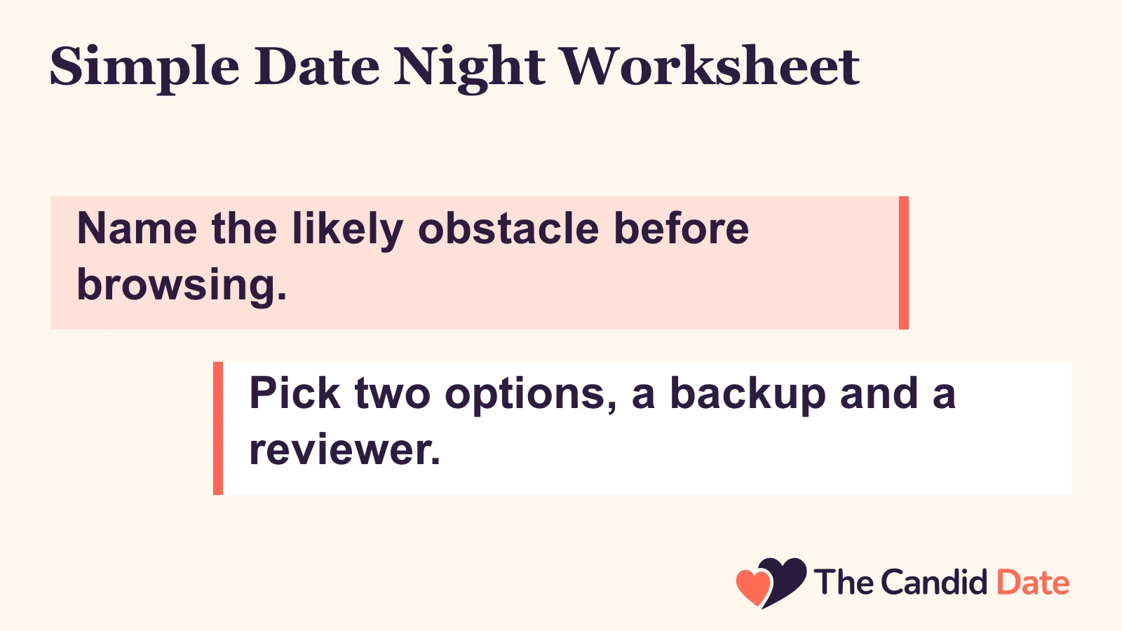 Simple Date Night Worksheet: Name the likely obstacle before browsing. Pick two options, a backup and a reviewer. The Candid Date editorial infographic.