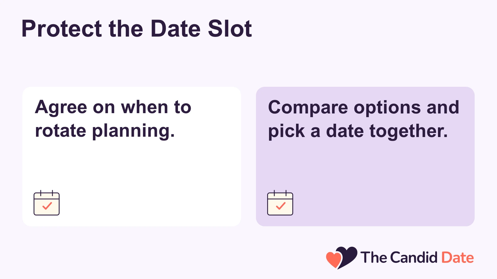 Protect the Date Slot: Agree on when to rotate planning. Compare options and pick a date together. The Candid Date editorial infographic.