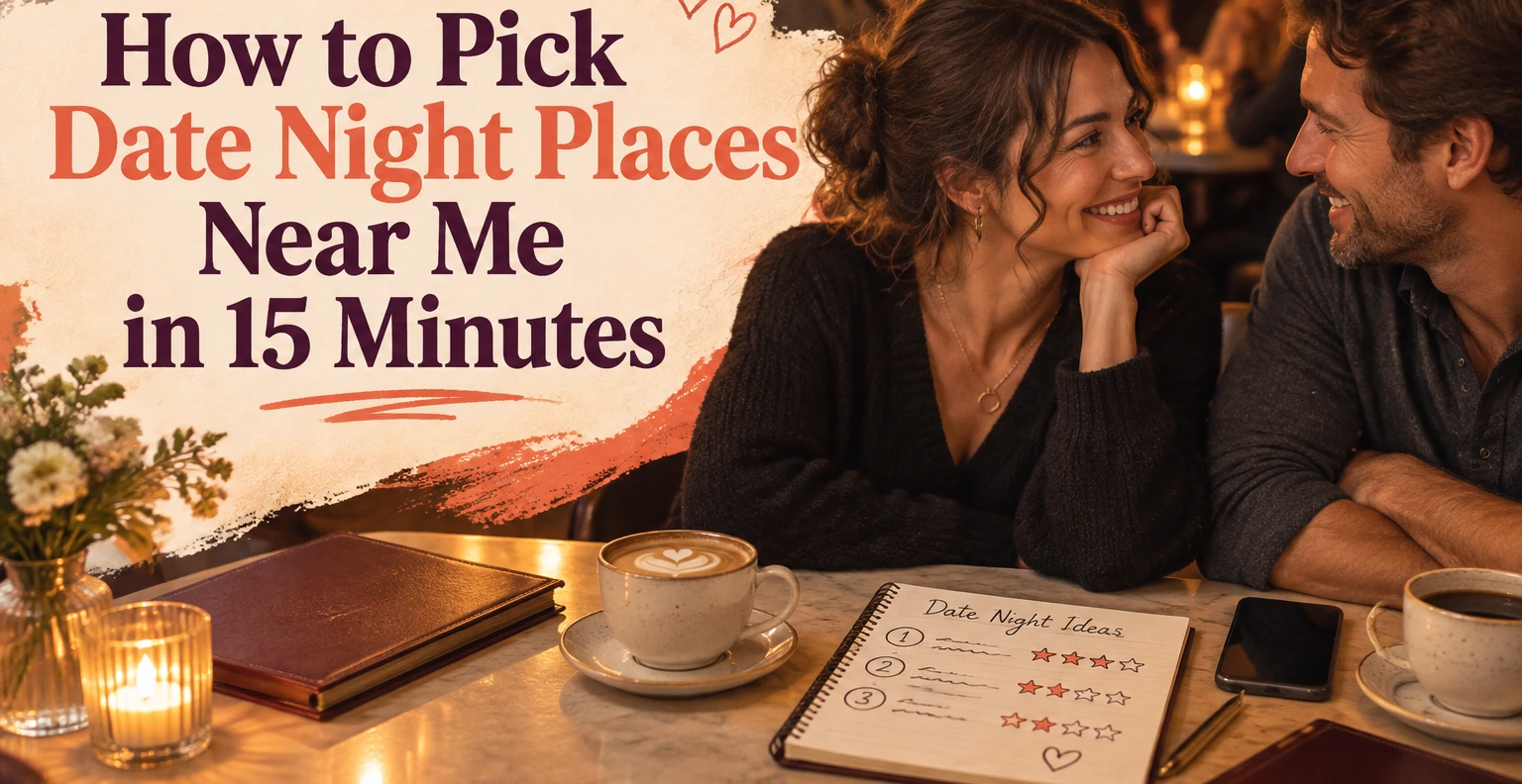 A smiling couple sits close at a candlelit café table with coffee cups, a notebook listing date night ideas with star ratings, a lit candle, and a small vase of flowers.