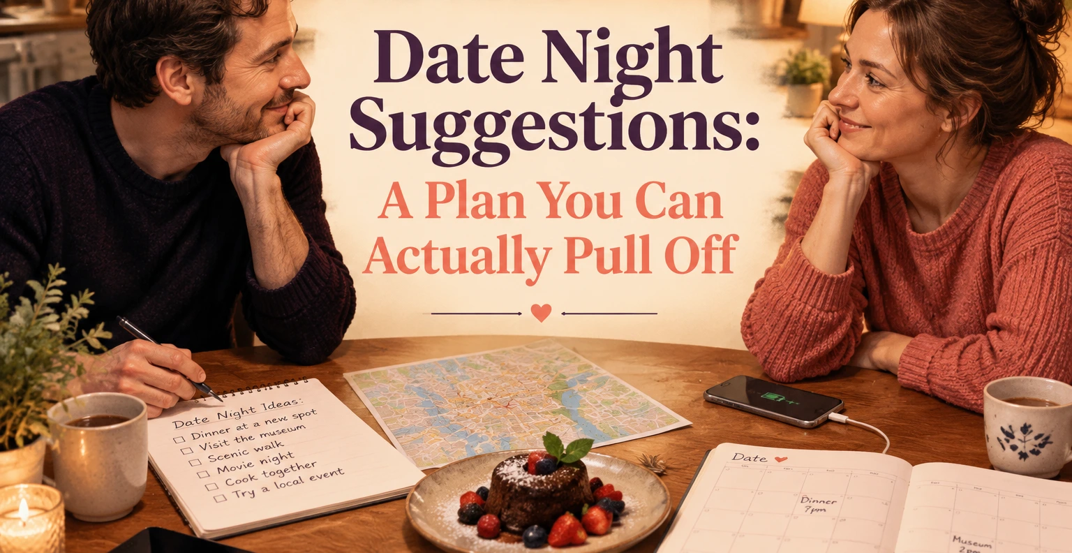 A couple sits at a cozy wooden table over a map, date-night checklist, planner, chocolate dessert, mugs, and a phone.
