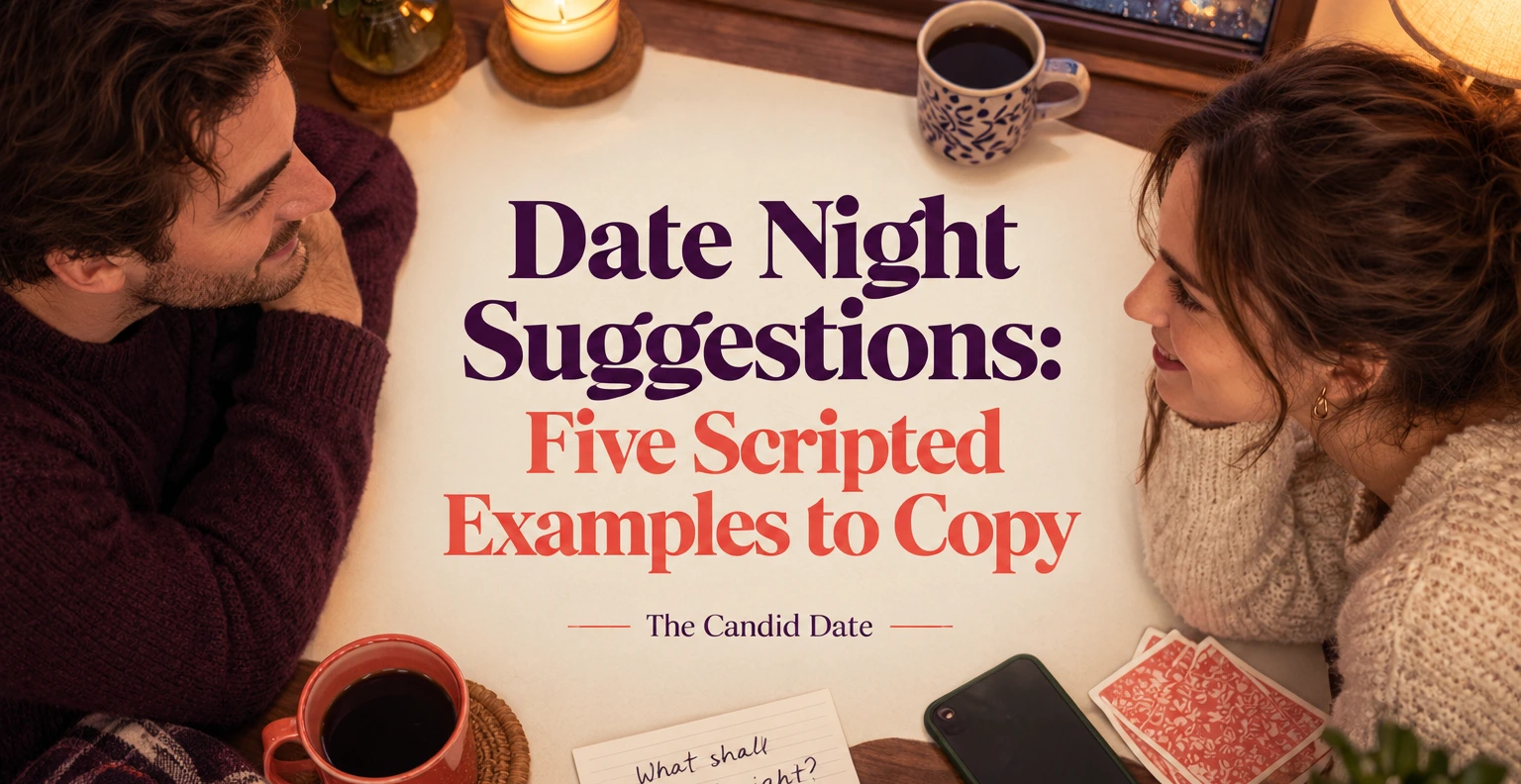 Overhead cafe scene: a bearded man in a burgundy sweater and a woman in cream cable-knit face each other over coffee, candlelight, cards, phone, and a note.
