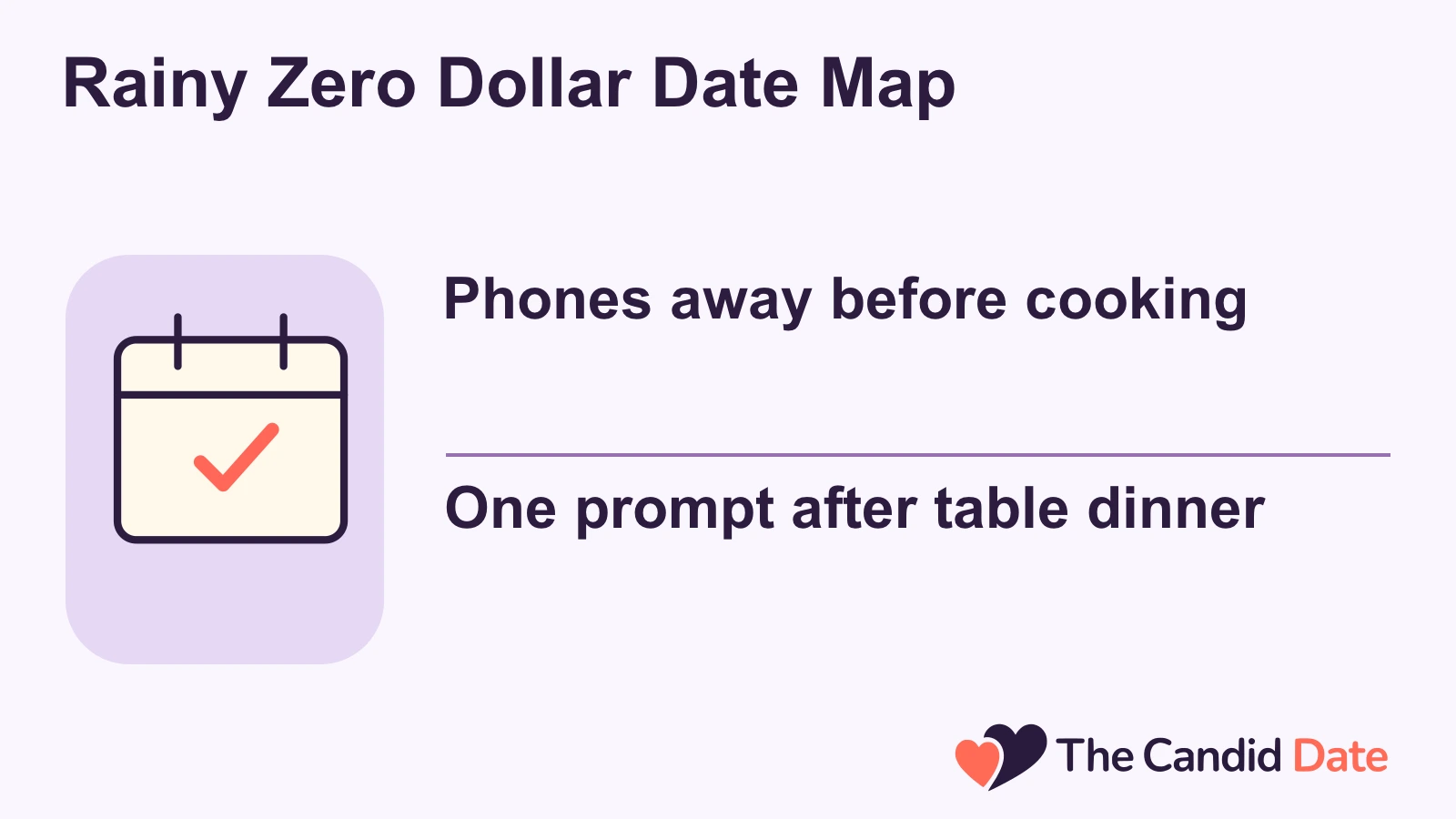 Rainy Zero Dollar Date Map: Phones away before cooking One prompt after table dinner The Candid Date editorial infographic.