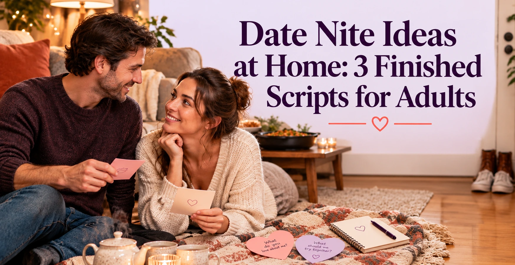 A smiling couple sits on a cozy living-room floor holding heart cards near tea, candles, and notes.