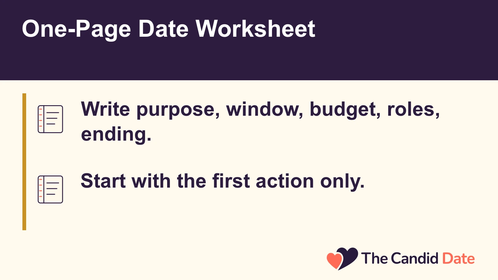One-Page Date Worksheet: Write purpose, window, budget, roles, ending. Start with the first action only. The Candid Date editorial infographic.