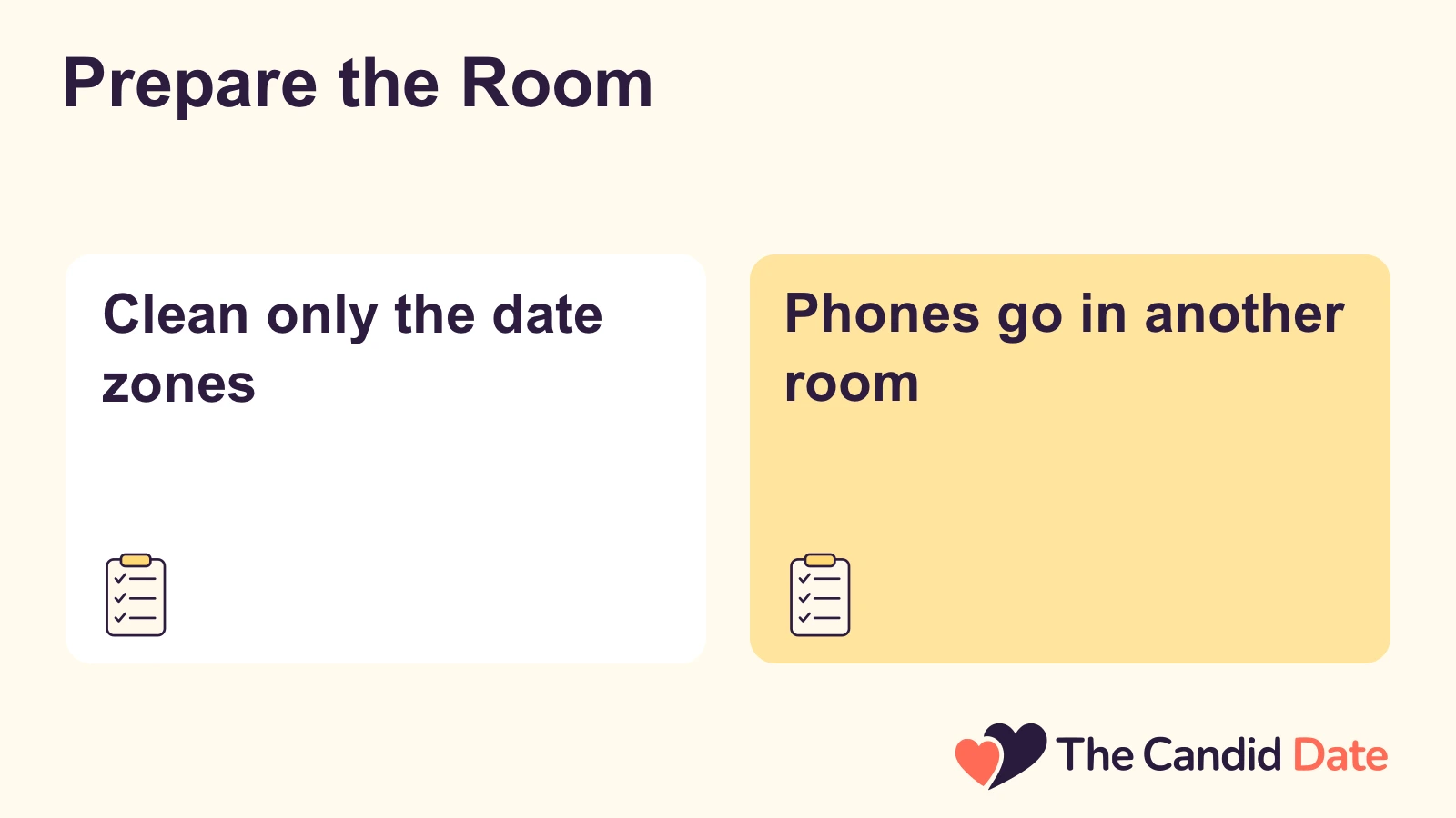 Prepare the Room: Clean only the date zones Phones go in another room The Candid Date editorial infographic.