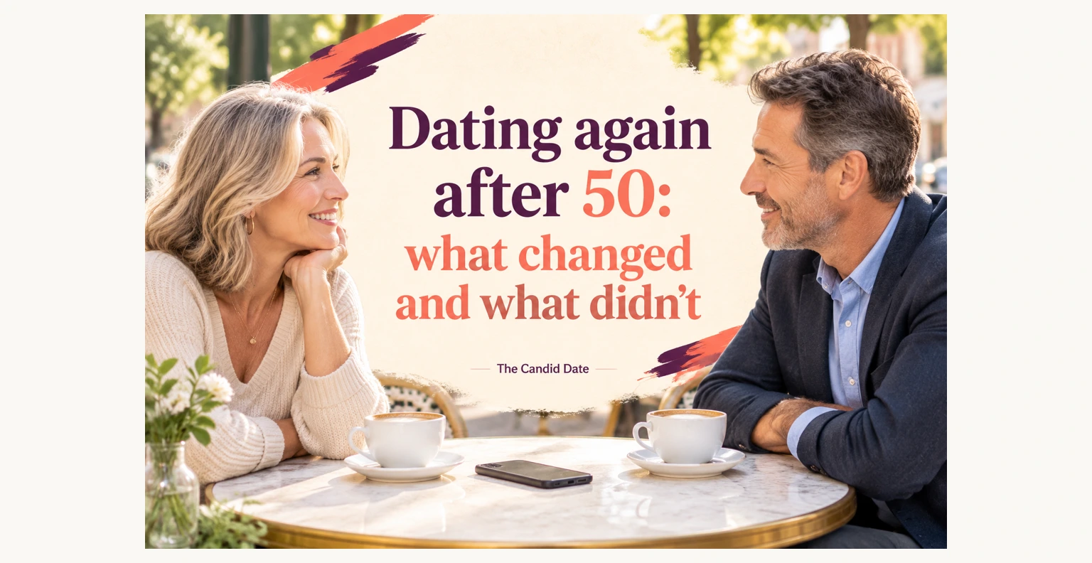 AI-generated illustration of a smiling middle-aged couple sitting across from each other at an outdoor café table with coffee cups.