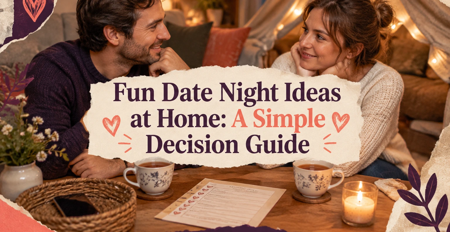 A smiling man and woman face each other across a cozy candlelit table with floral mugs, tea, flowers, a wicker basket, and warm string lights.