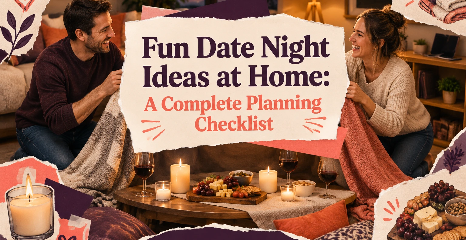 A smiling couple faces each other across a low candlelit table with wine, candles, and a cheese board, seated on cushions in a cozy living room.