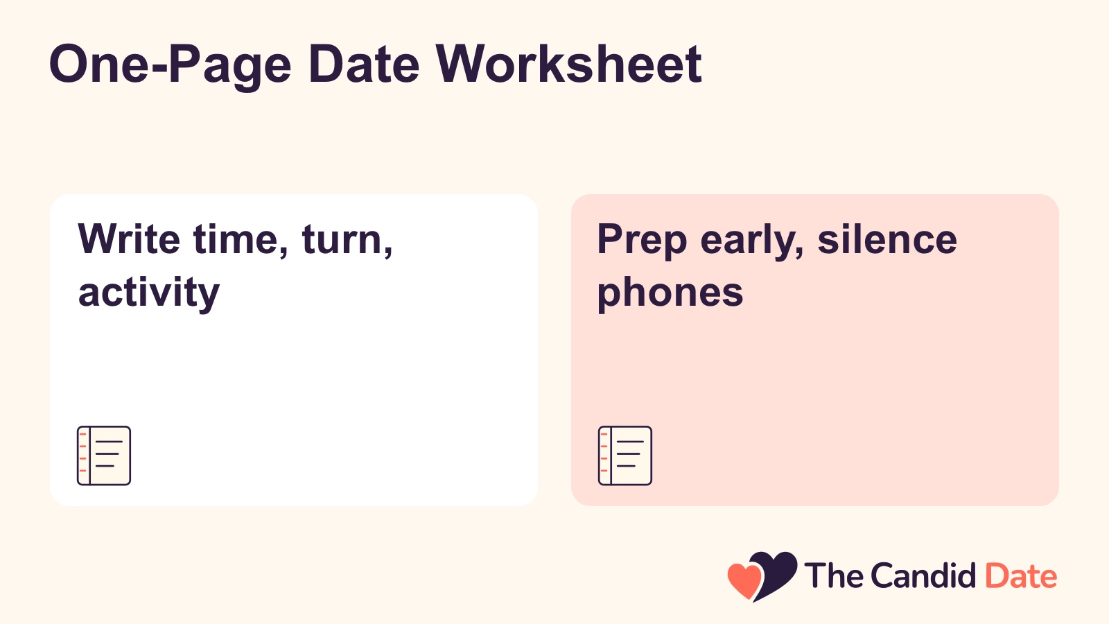 One-Page Date Worksheet: Write time, turn, activity Prep early, silence phones The Candid Date editorial infographic.