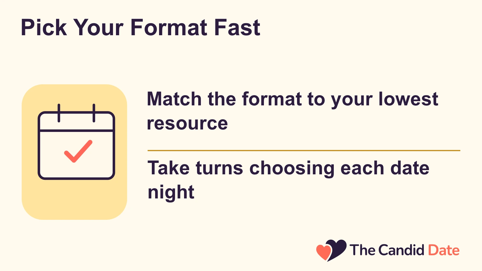 Pick Your Format Fast: Match the format to your lowest resource Take turns choosing each date night The Candid Date editorial infographic.