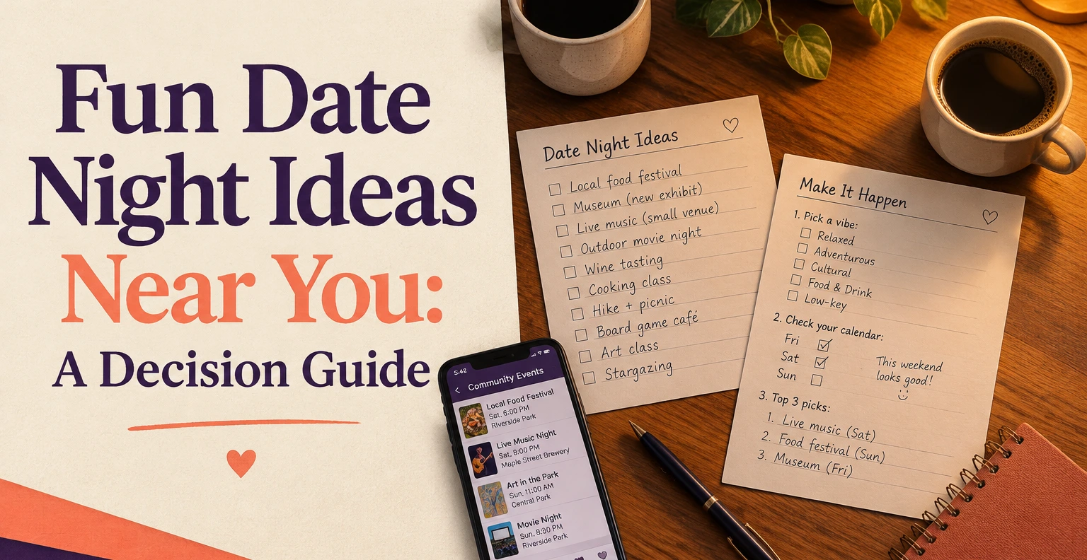 Fun Date Night Ideas Near You: A Decision Guide. Illustrated editorial cover, not a member profile.