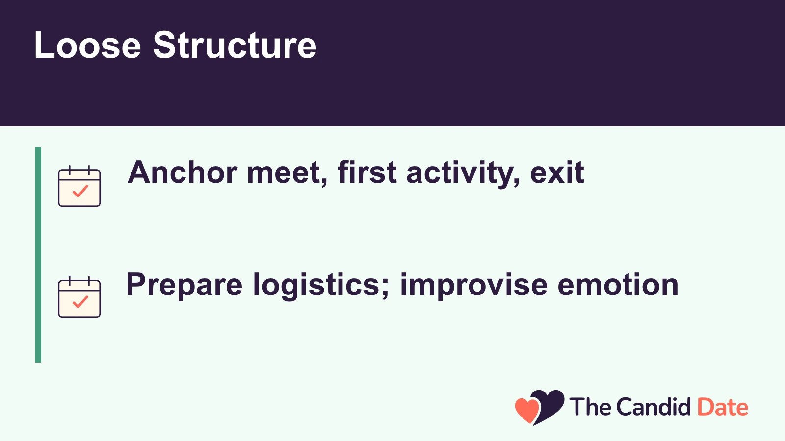 Loose Structure: Anchor meet, first activity, exit Prepare logistics; improvise emotion The Candid Date editorial infographic.